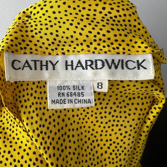 VINTAGE Cathy Hardwick Yellow Black 8 Blouse Polka Dot Silk Collar Back Button - Picture 7 of 7